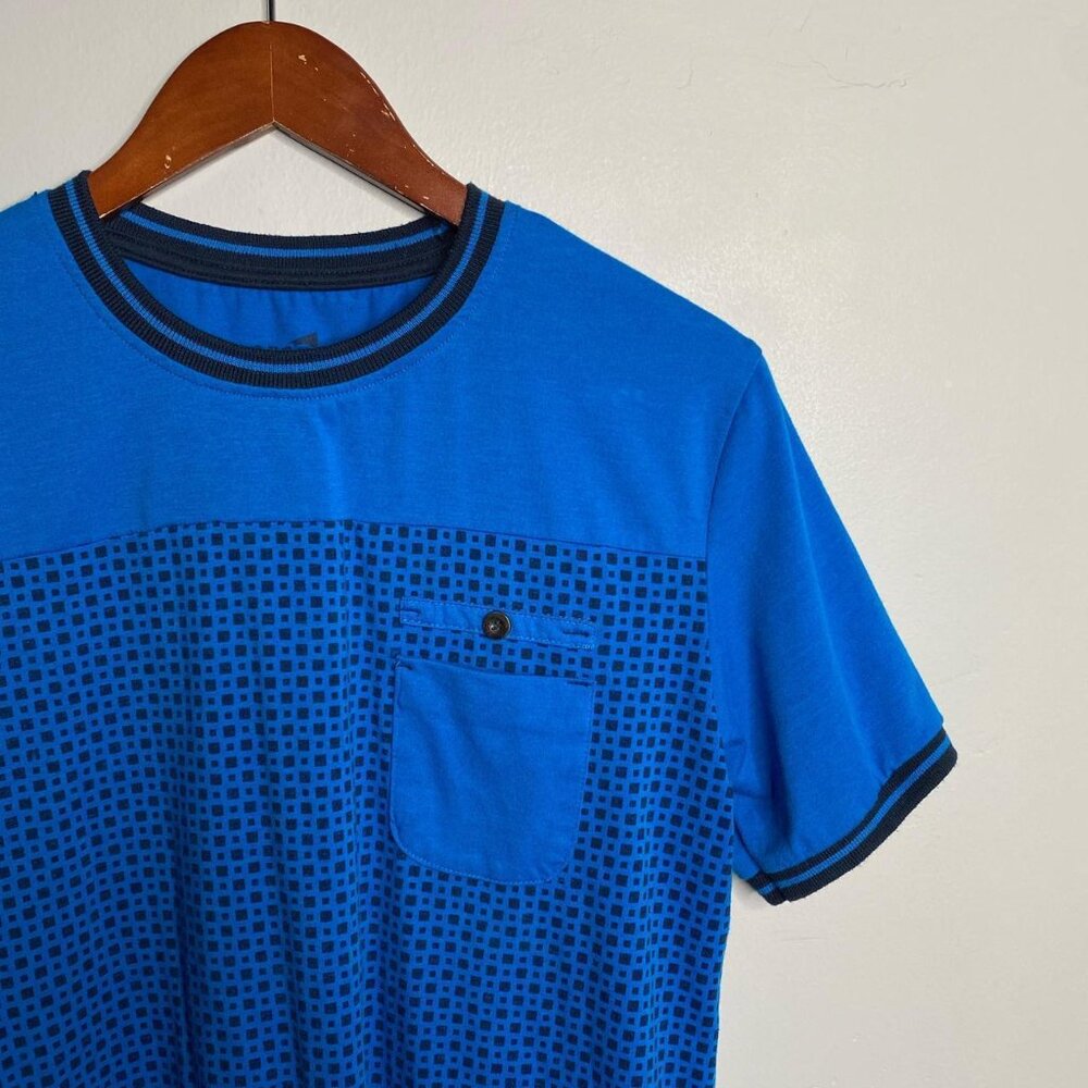 Y2K size small blue and black polka dot tee with front pocket by Vigo